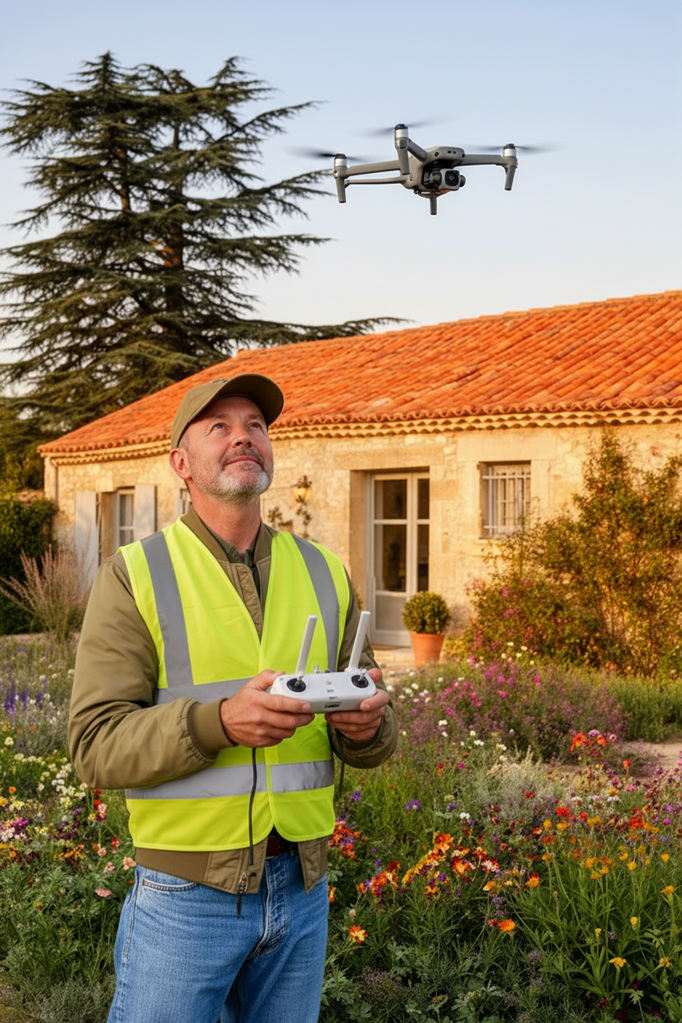 Xavier Chamant pilotant un drone devant une maison provençale